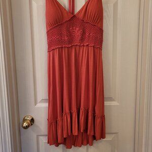 Large Y2K GUESS coral halter dress with crochet details